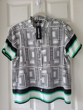 Karl Lagerfeld Black White Green Geometric Short Sleeve Blouse- Large